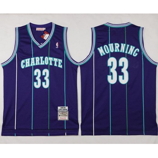 Mitchell And Ness Hornets 33 Alonzo Mourning Purple Throwback Stitched NBA Jersey