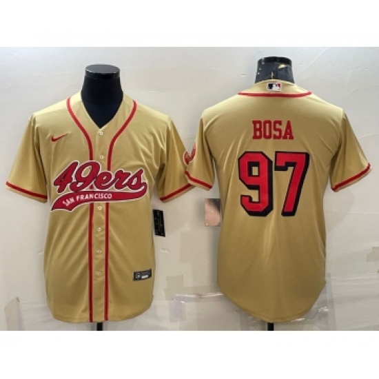 Men's San Francisco 49ers 97 Nick Bosa Gold Color Rush With Patch Cool Base Stitched Baseball Jersey