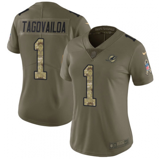 Women's Miami Dolphins 1 Tua Tagovailoa Olive Camo Stitched Limited 2017 Salute To Service Jersey