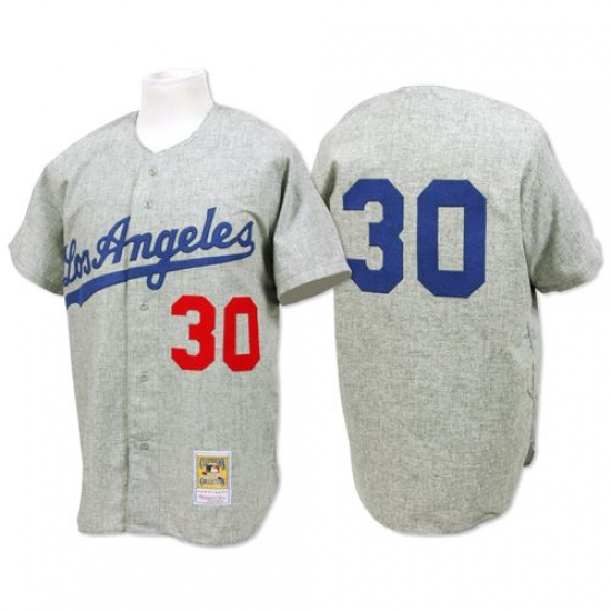 Men's Mitchell and Ness 1963 Los Angeles Dodgers 30 Maury Wills Replica Grey Throwback MLB Jersey