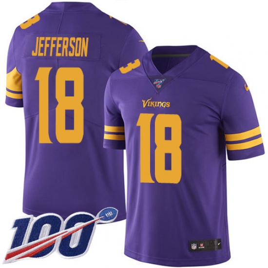 Men's Minnesota Vikings 18 Justin Jefferson Purple Stitched NFL Limited Rush 100th Season Jersey