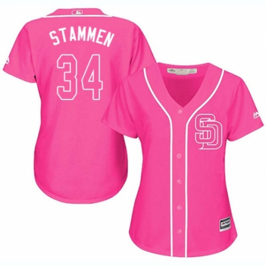 Women's Majestic San Diego Padres 34 Craig Stammen Authentic Pink Fashion Cool Base MLB Jersey