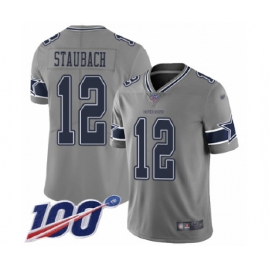 Men's Dallas Cowboys 12 Roger Staubach Limited Gray Inverted Legend 100th Season Football Jersey