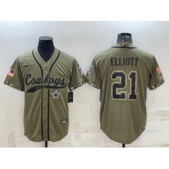 Men's Dallas Cowboys 21 Ezekiel Elliott 2022 Olive Salute to Service Cool Base Stitched Baseball Jersey