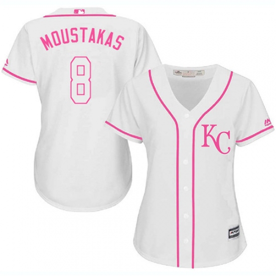 Women's Majestic Kansas City Royals 8 Mike Moustakas Authentic White Fashion Cool Base MLB Jersey