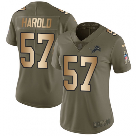 Women Nike Detroit Lions 57 Eli Harold Limited Olive Gold Salute to Service NFL Jersey