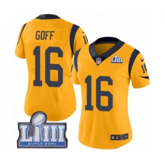 Women's Nike Los Angeles Rams 16 Jared Goff Limited Gold Rush Vapor Untouchable Super Bowl LIII Bound NFL Jersey