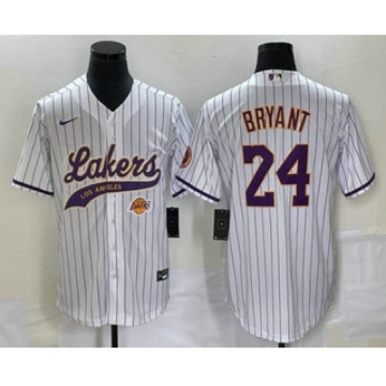 Men's Los Angeles Lakers 24 Kobe Bryant White Pinstripe Cool Base Stitched Baseball Jersey
