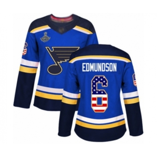 Women's St. Louis Blues 6 Joel Edmundson Authentic Blue USA Flag Fashion 2019 Stanley Cup Champions Hockey Jersey