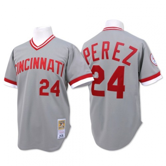 Men's Mitchell and Ness Cincinnati Reds 24 Tony Perez Authentic Grey Throwback MLB Jersey