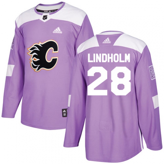 Men's Adidas Calgary Flames 28 Elias Lindholm Purple Authentic Fights Cancer Stitched NHL Jersey