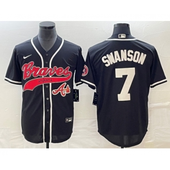 Men's Atlanta Braves 7 Dansby Swanson Black Cool Base Stitched Baseball Jersey