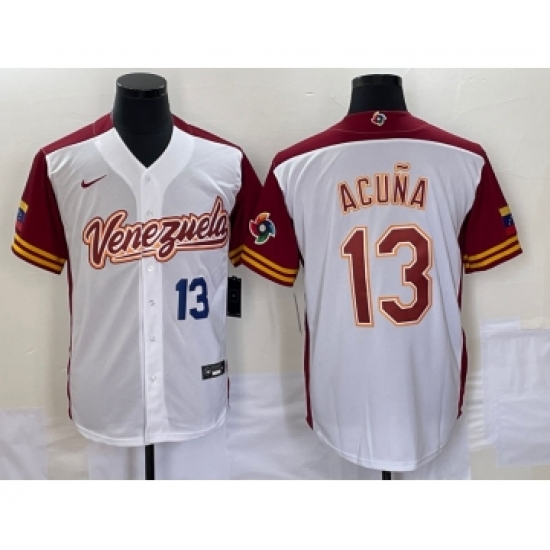 Men's Venezuela Baseball 13 Ronald Acuna Jr Number 2023 White Red World Classic Stitched Jersey1
