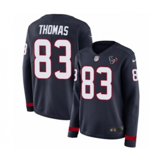 Women's Nike Houston Texans 83 Jordan Thomas Limited Navy Blue Therma Long Sleeve NFL Jersey