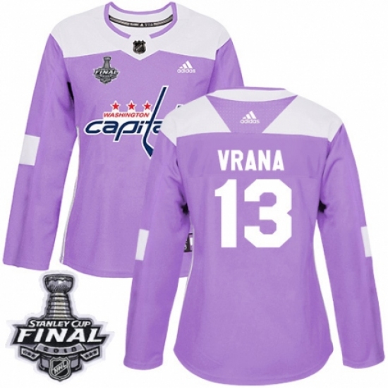 Women's Adidas Washington Capitals 13 Jakub Vrana Authentic Purple Fights Cancer Practice 2018 Stanley Cup Final NHL Jersey