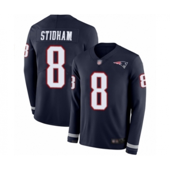 Men's New England Patriots 8 Jarrett Stidham Limited Navy Blue Therma Long Sleeve Football Jersey