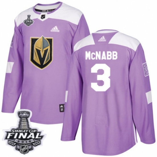 Men's Adidas Vegas Golden Knights 3 Brayden McNabb Authentic Purple Fights Cancer Practice 2018 Stanley Cup Final NHL Jersey