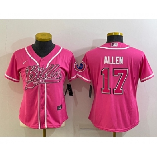 Women's Buffalo Bills 17 Josh Allen Pink With Patch Cool Base Stitched Baseball Jersey