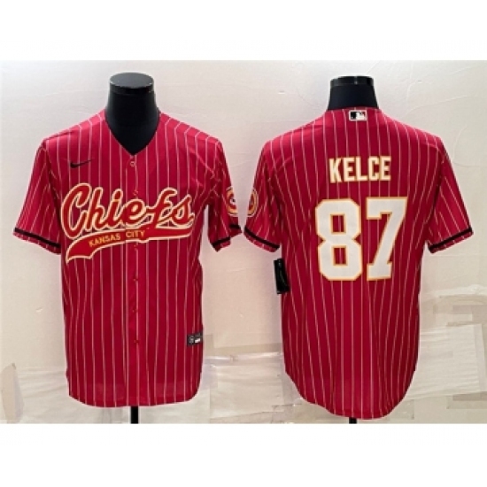 Men's Kansas City Chiefs 87 Travis Kelce Red With Patch Cool Base Stitched Baseball Jersey