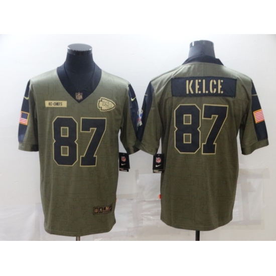 Men's Kansas City Chiefs 87 Travis Kelce Nike Olive 2021 Salute To Service Limited Player Jersey