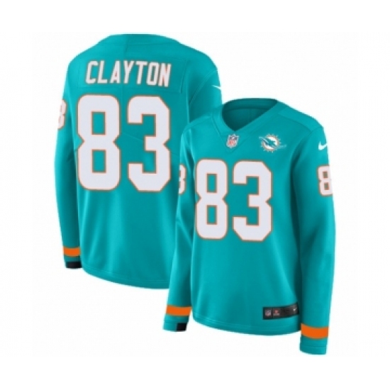 Women's Nike Miami Dolphins 83 Mark Clayton Limited Aqua Therma Long Sleeve NFL Jersey