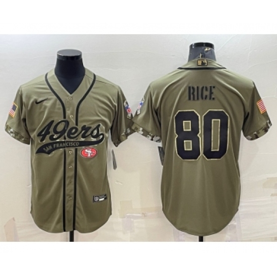 Men's San Francisco 49ers 80 Jerry Rice 2022 Olive Salute to Service Cool Base Stitched Baseball Jersey
