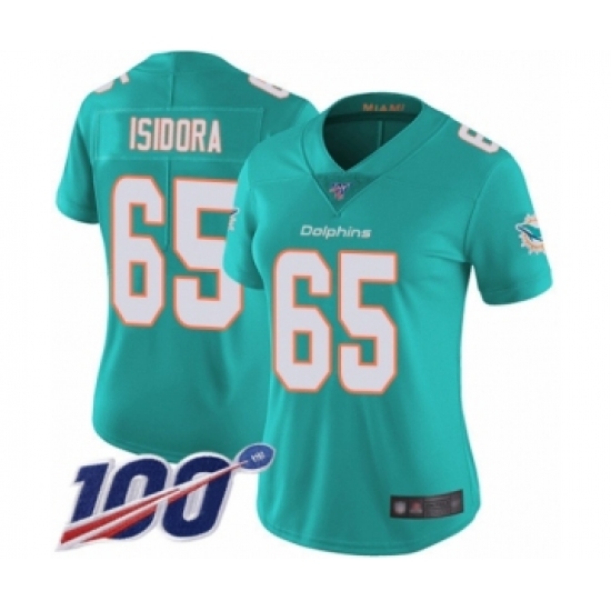Women's Miami Dolphins 65 Danny Isidora Aqua Green Team Color Vapor Untouchable Limited Player 100th Season Football Jersey