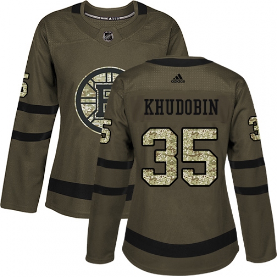 Women's Adidas Boston Bruins 35 Anton Khudobin Authentic Green Salute to Service NHL Jersey