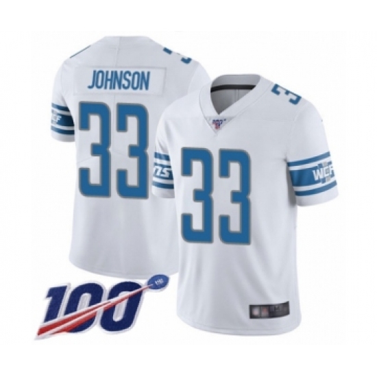 Men's Detroit Lions 33 Kerryon Johnson White Vapor Untouchable Limited Player 100th Season Football Jersey
