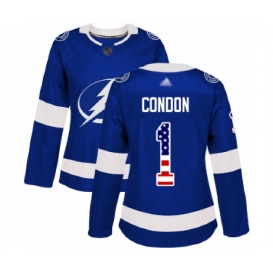 Women's Tampa Bay Lightning 1 Mike Condon Authentic Blue USA Flag Fashion Hockey Jersey