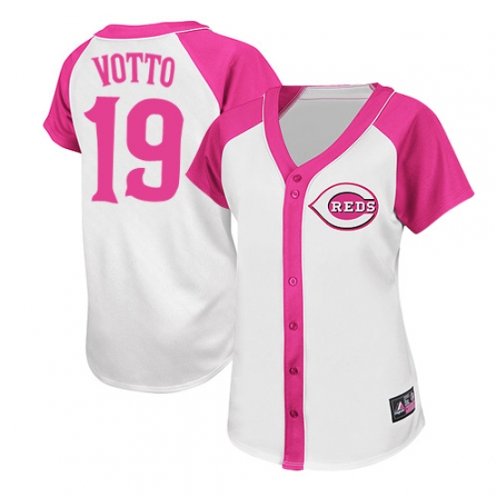 Women's Majestic Cincinnati Reds 19 Joey Votto Replica White/Pink Splash Fashion MLB Jersey