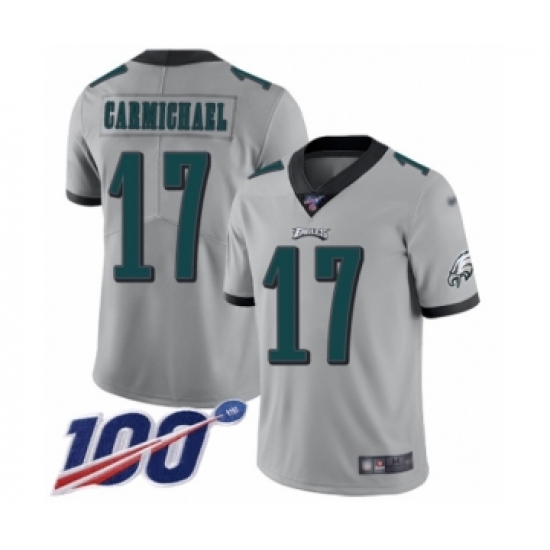 Men's Philadelphia Eagles 17 Harold Carmichael Limited Silver Inverted Legend 100th Season Football Jersey