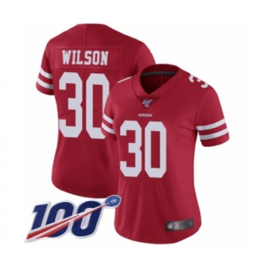 Women's San Francisco 49ers 30 Jeff Wilson Red Team Color Vapor Untouchable Limited Player 100th Season Football Jersey