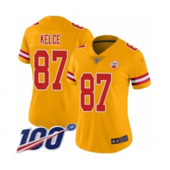 Women's Nike Kansas City Chiefs 87 Travis Kelce Limited Gold Inverted Legend 100th Season NFL Jersey
