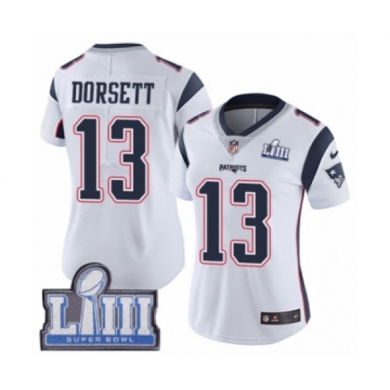 Women's Nike New England Patriots 13 Phillip Dorsett White Vapor Untouchable Limited Player Super Bowl LIII Bound NFL Jersey