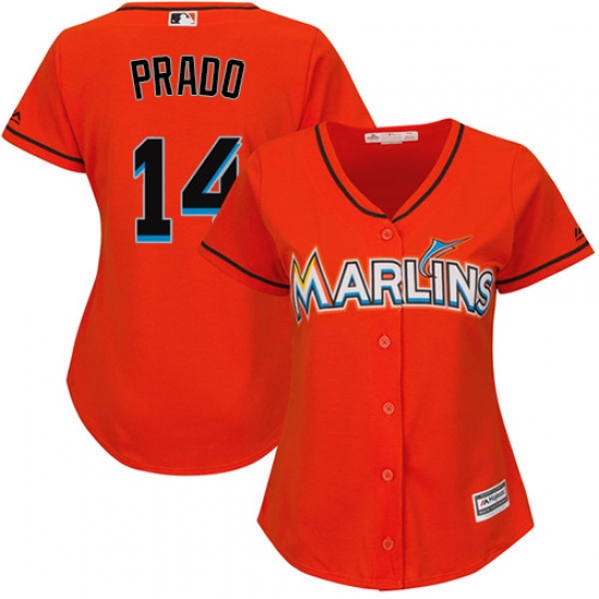 Women's Majestic Miami Marlins 14 Martin Prado Authentic Orange Alternate 1 Cool Base MLB Jersey