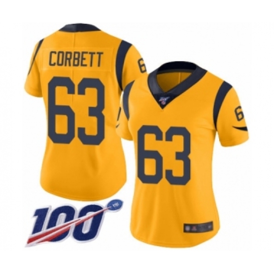 Women's Los Angeles Rams 63 Austin Corbett Limited Gold Rush Vapor Untouchable 100th Season Football Jersey