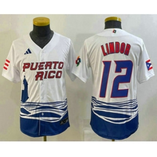Youth Puerto Rico Baseball 12 Francisco Lindor 2023 White World Baseball Classic Stitched Jerseys