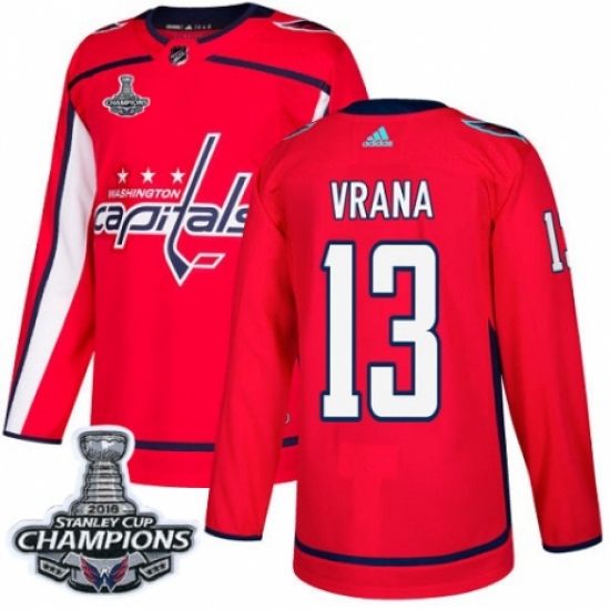 Men's Adidas Washington Capitals 13 Jakub Vrana Authentic Red Home 2018 Stanley Cup Final Champions NHL Jersey