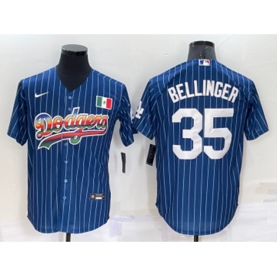 Men's Los Angeles Dodgers 35 Cody Bellinger Rainbow Blue Red Pinstripe Mexico Cool Base Nike Jersey