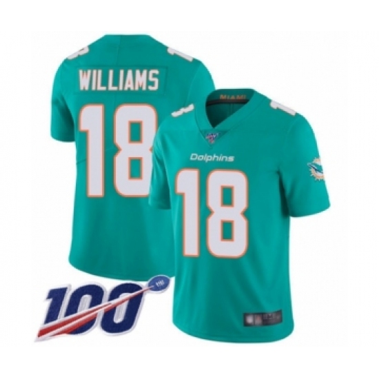 Youth Miami Dolphins 18 Preston Williams Aqua Green Team Color Vapor Untouchable Limited Player 100th Season Football Jersey