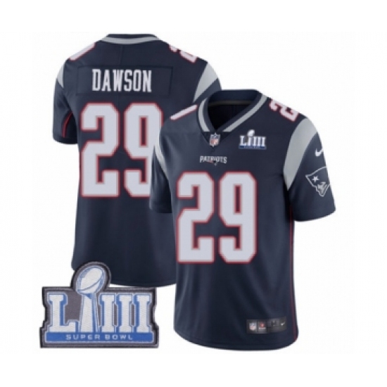 Men's Nike New England Patriots 29 Duke Dawson Navy Blue Team Color Vapor Untouchable Limited Player Super Bowl LIII Bound NFL Jersey
