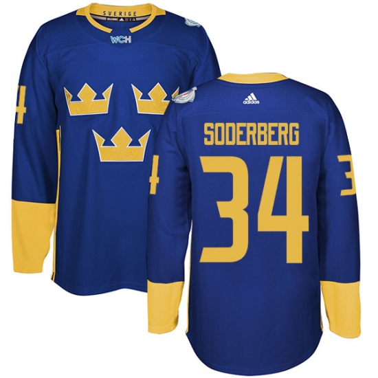 Men's Adidas Team Sweden 34 Carl Soderberg Premier Royal Blue Away 2016 World Cup of Hockey Jersey