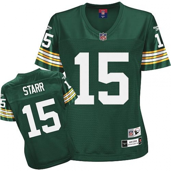 Reebok Green Bay Packers 15 Bart Starr Green Women's Throwback Team Color Replica NFL Jersey