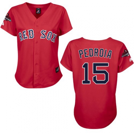 Women's Majestic Boston Red Sox 15 Dustin Pedroia Authentic Red 2018 World Series Champions MLB Jersey