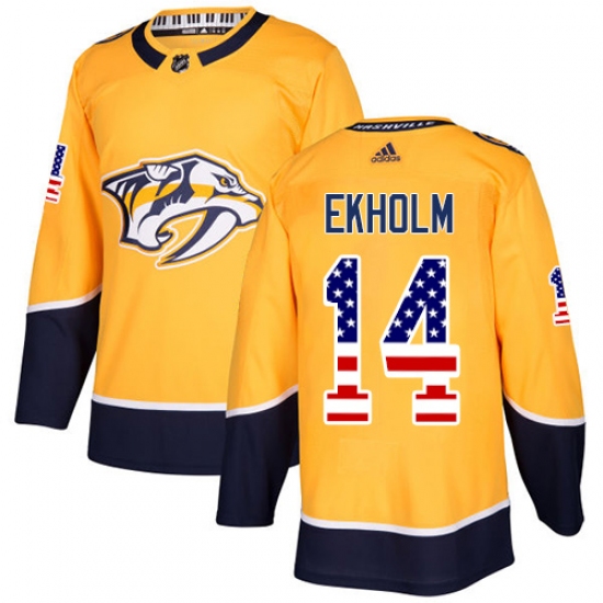 Men's Adidas Nashville Predators 14 Mattias Ekholm Authentic Gold USA Flag Fashion NHL Jersey