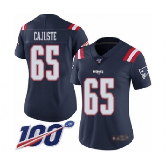 Women's New England Patriots 65 Yodny Cajuste Limited Navy Blue Rush Vapor Untouchable 100th Season Football Jersey