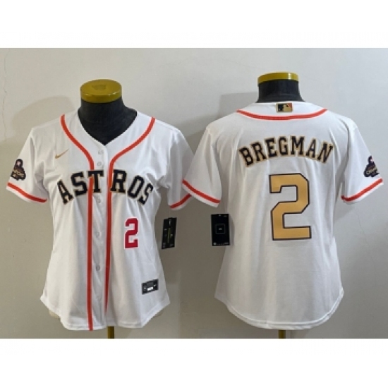 Women's Houston Astros 2 Alex Bregman Number 2023 White Gold World Serise Champions Cool Base Stitched Jersey1