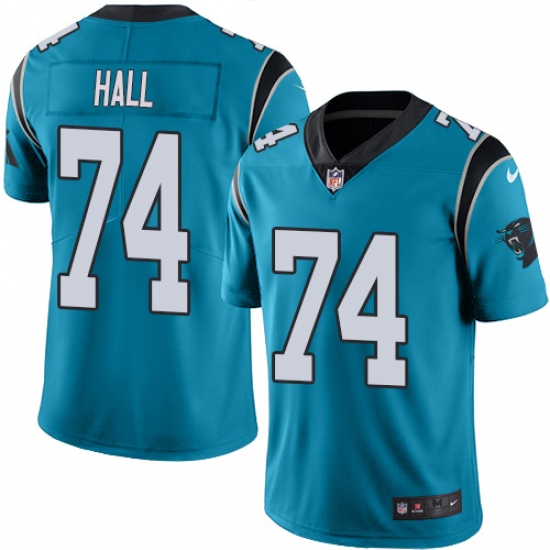 Youth Nike Carolina Panthers 74 Daeshon Hall Blue Alternate Vapor Untouchable Limited Player NFL Jersey