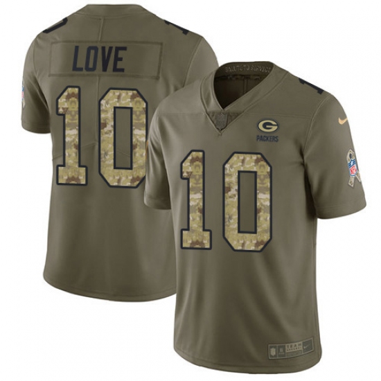 Youth Green Bay Packers 10 Jordan Love Olive Camo Stitched NFL Limited 2017 Salute To Service Jersey
